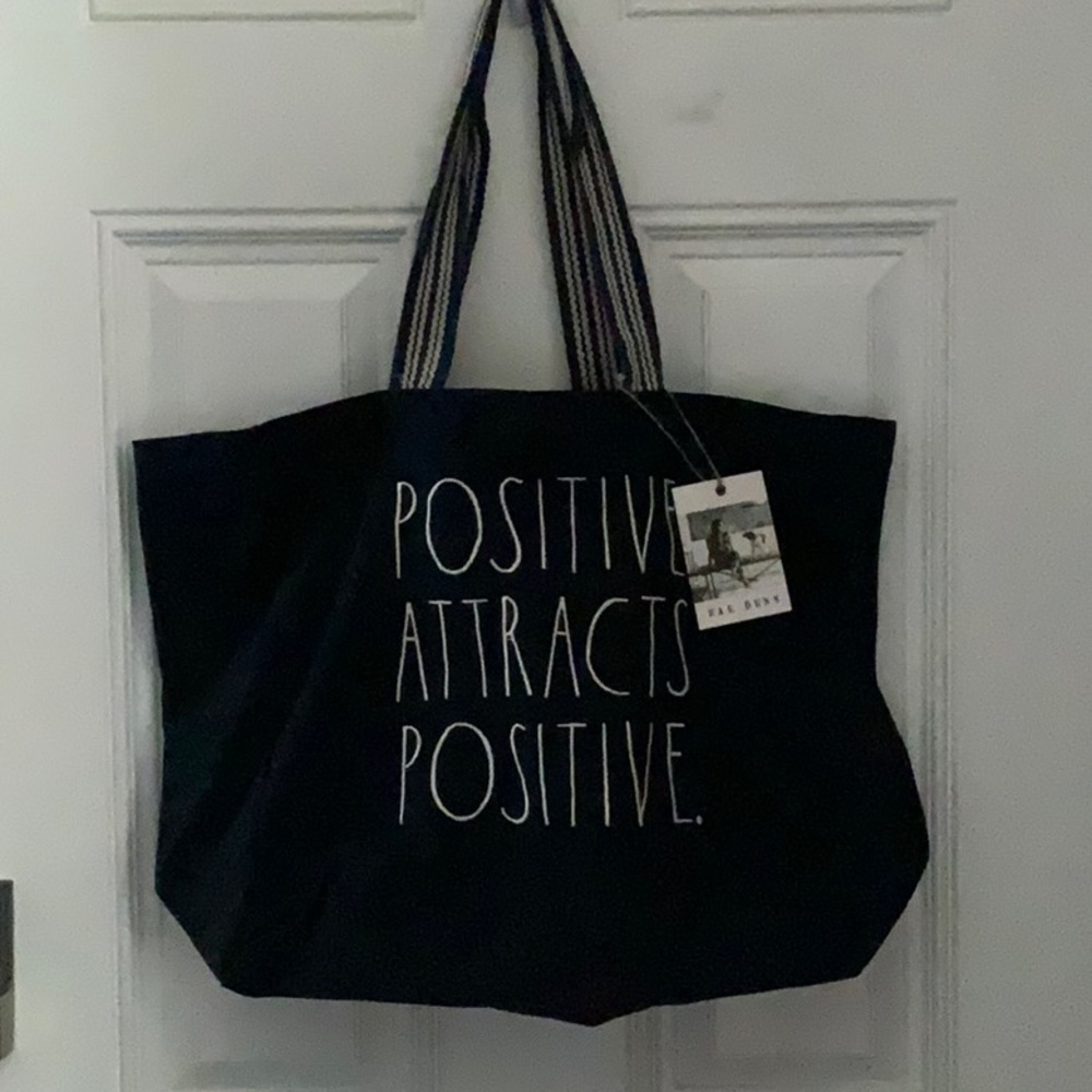 Rae Dunn tote bag POSITIVE ATTRACTS POSITIVE. navy blue